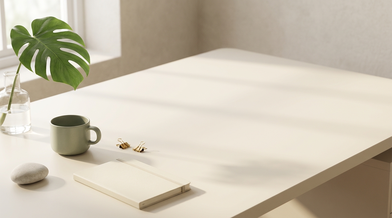 A calm workspace desk in warm morning light